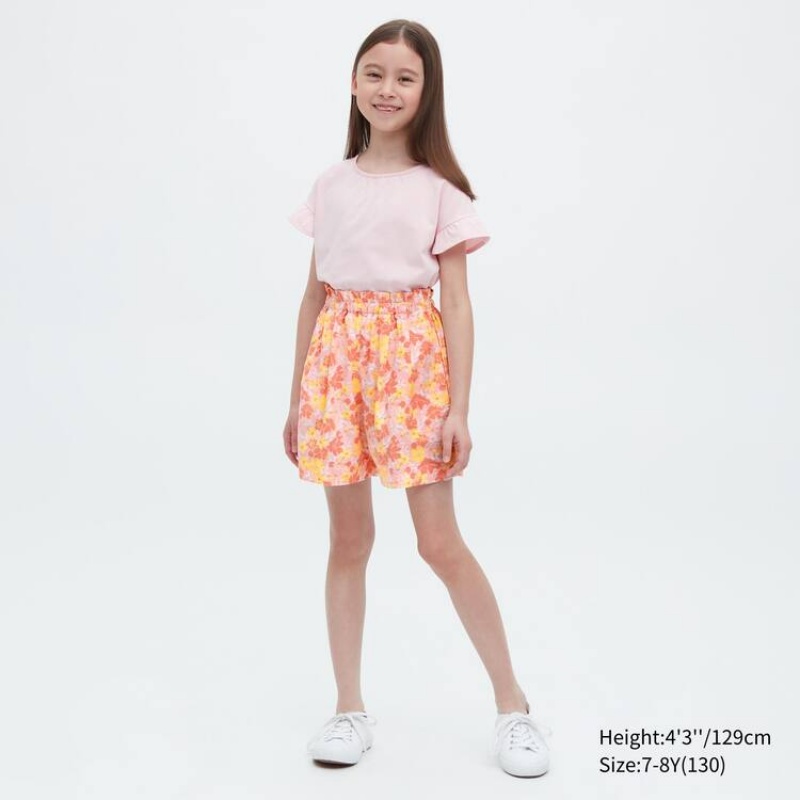 Short Uniqlo Linen Blend Flower Print Easy Niños Rosas | 8039WSLGK