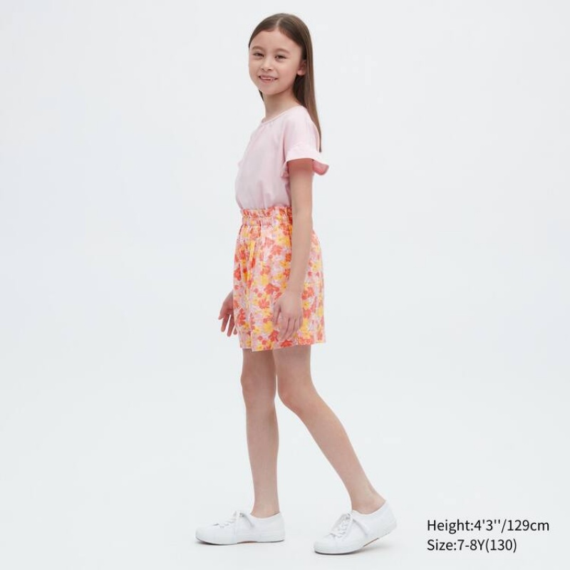 Short Uniqlo Linen Blend Flower Print Easy Niños Rosas | 8039WSLGK