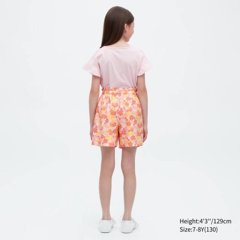 Short Uniqlo Linen Blend Flower Print Easy Niños Rosas | 8039WSLGK