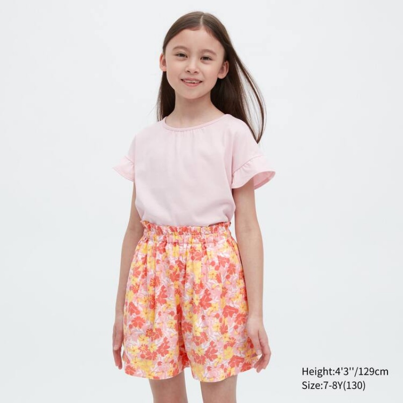 Short Uniqlo Linen Blend Flower Print Easy Niños Rosas | 8039WSLGK