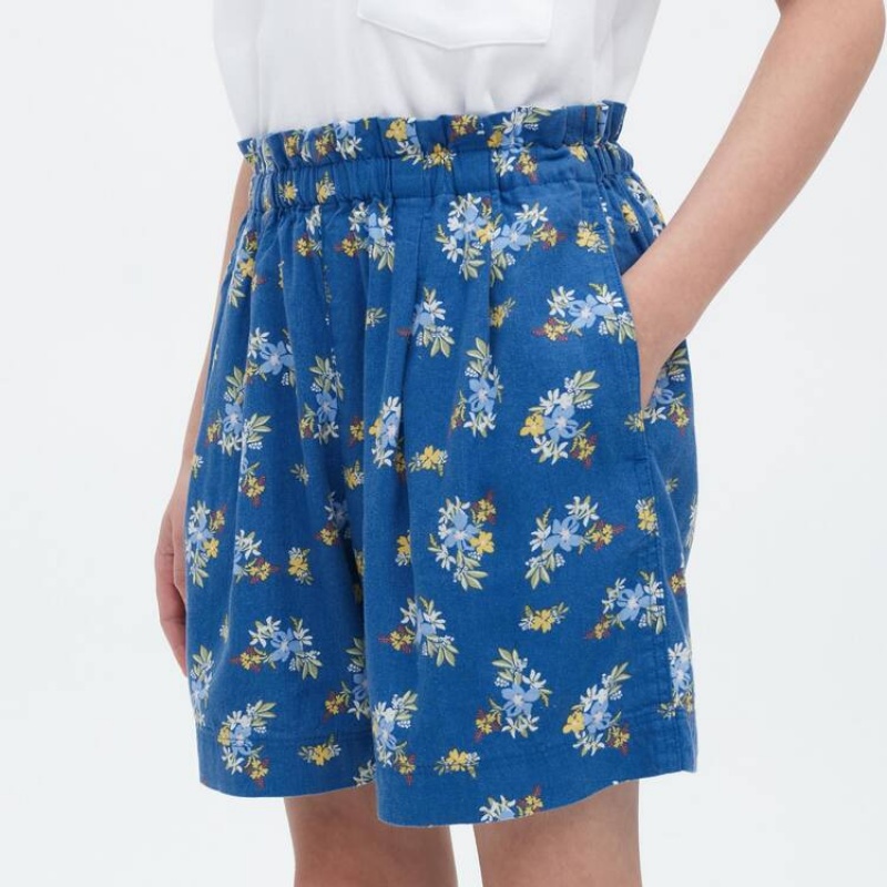 Short Uniqlo Linen Blend Flower Print Easy Niños Azules | 1206MKAOW