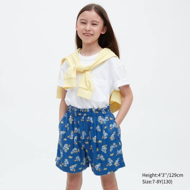 Short Uniqlo Linen Blend Flower Print Easy Niños Azules | 1206MKAOW