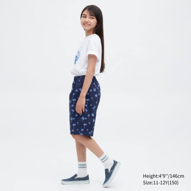 Short Uniqlo Stretch Printed Easy Niños Azul Marino | 0951OUACI