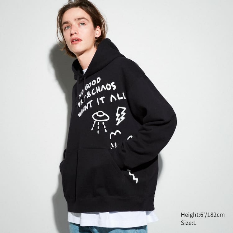 Sudadera con Capucha Uniqlo The Message Ut Estampadas (Trevor Andrew) Hombre Negras | 3415IOSGR