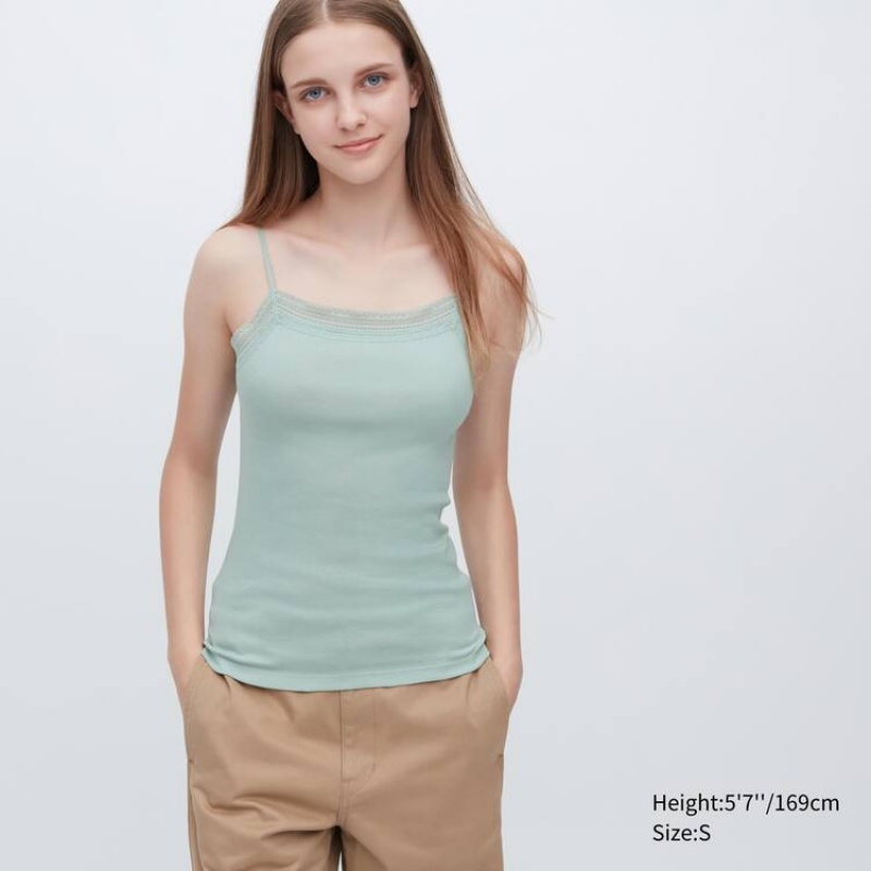 Tops Uniqlo Algodon Acanalado Encaje Camisole Mujer Azules | 8543IWUYM