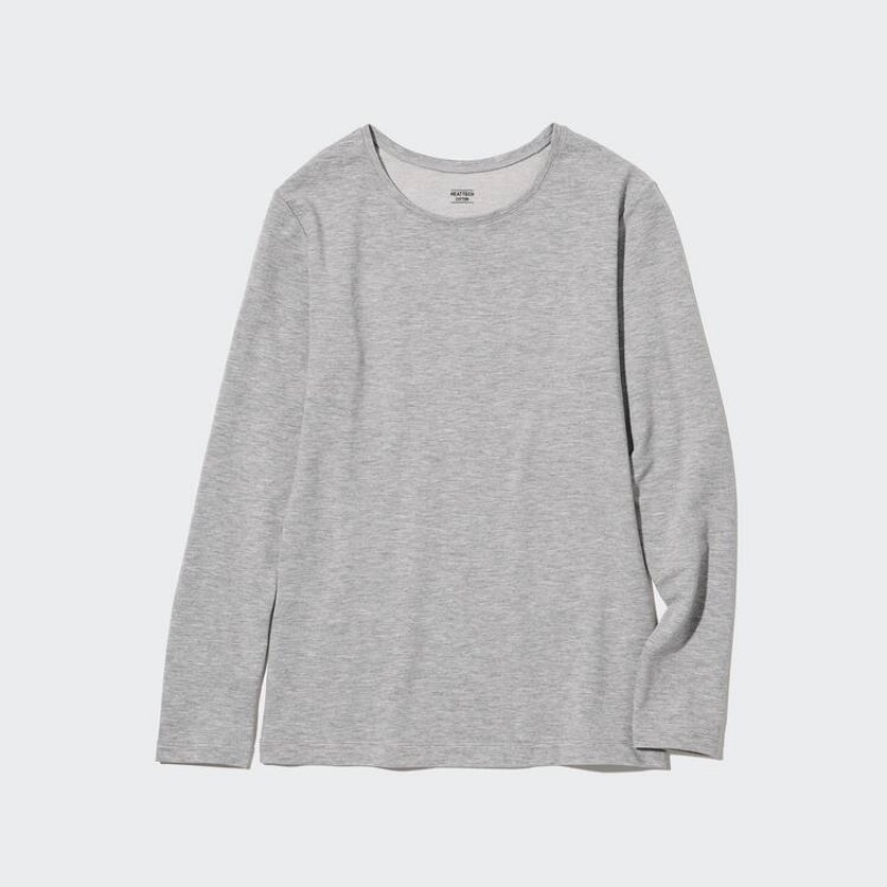 Tops Uniqlo Heattech Extra Warm Algodon Crew Neck Long Sleeved Thermal Mujer Gris | 6035BMKNH