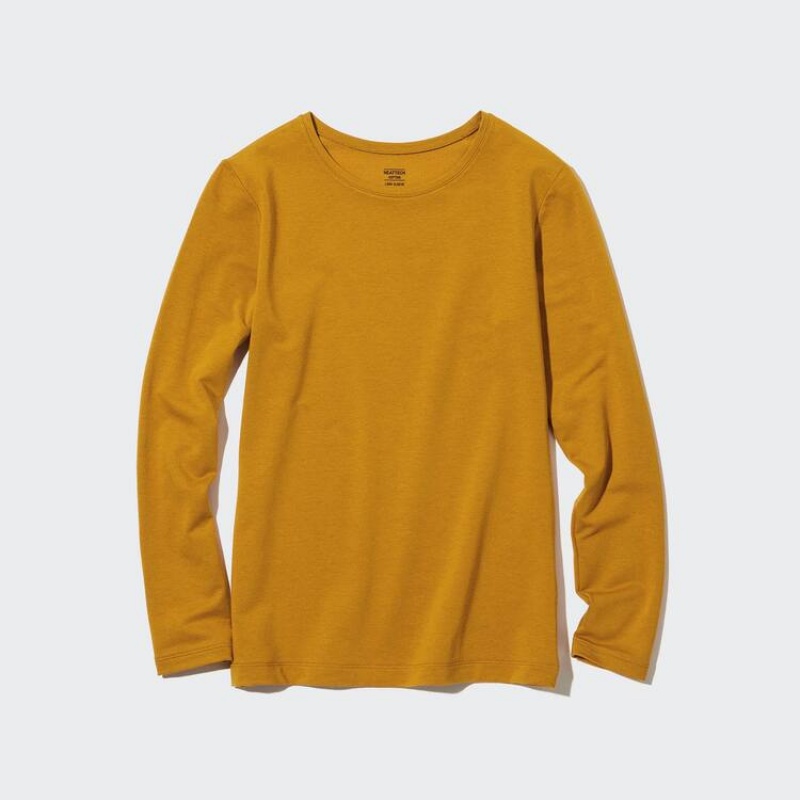 Tops Uniqlo Heattech Extra Warm Algodon Crew Neck Long Sleeved Thermal Mujer Amarillo | 5691XZWMA