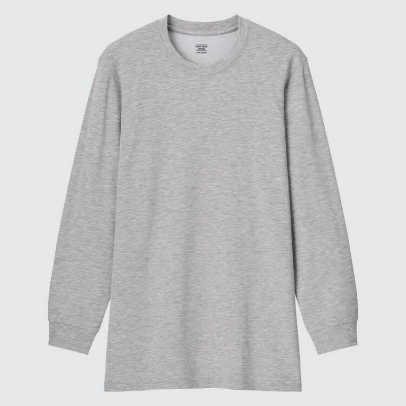 Tops Uniqlo Heattech Extra Warm Algodon Heather Crew Neck Long Sleeved Thermal Hombre Gris | 8074FVUCN