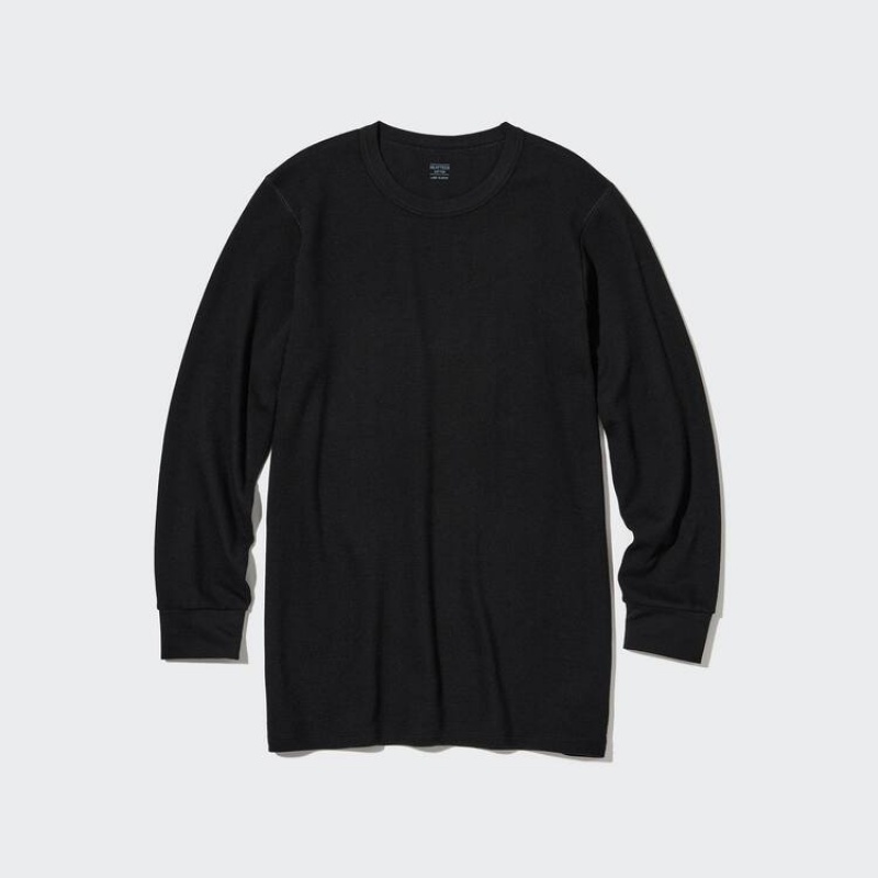 Tops Uniqlo Heattech Extra Warm Algodon Waffle Crew Neck Long Sleeved Thermal Hombre Negras | 0824SHKIP