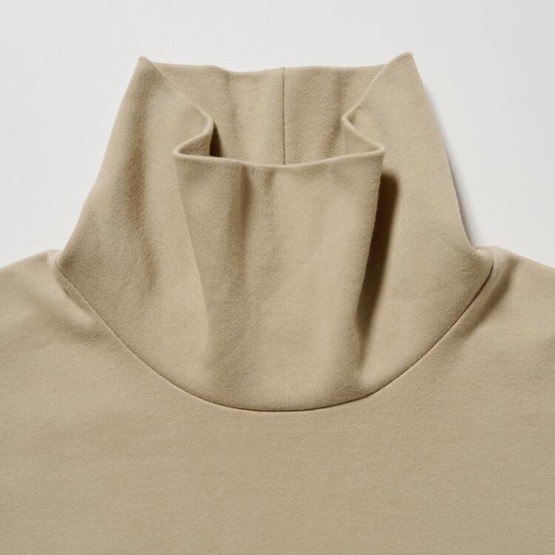 Tops Uniqlo Smooth Stretch Algodon Turtleneck Long Sleeved Mujer Beige | 6943TLRKI