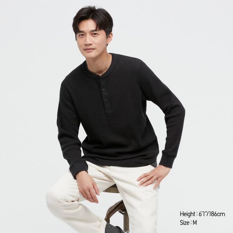 Tops Uniqlo Waffle Henley Hombre Negras | 5760YNMRI