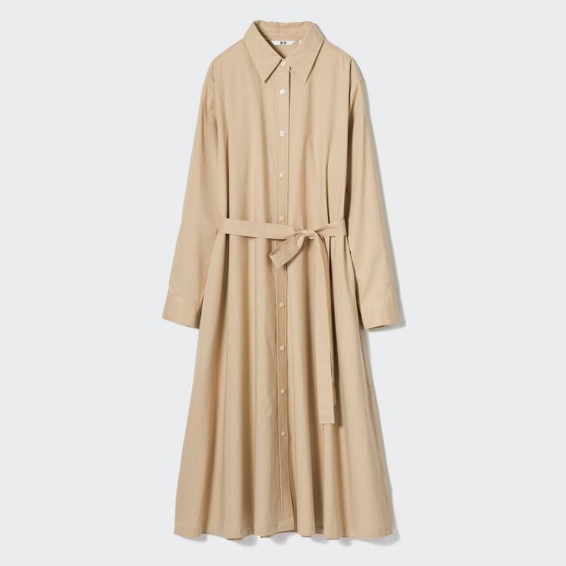 Vestido Uniqlo Algodon A-line Long Sleeved Mujer Beige | 1958DWRXB