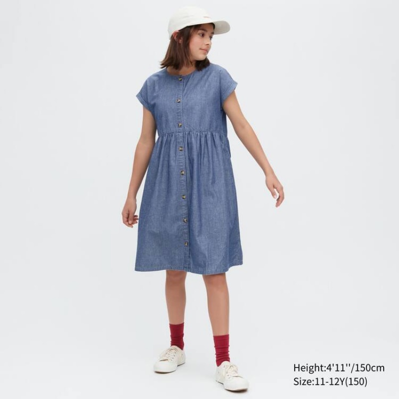 Vestido Uniqlo Chambray Gathered Corta Sleeved Niños Azules | 6718PTFYQ