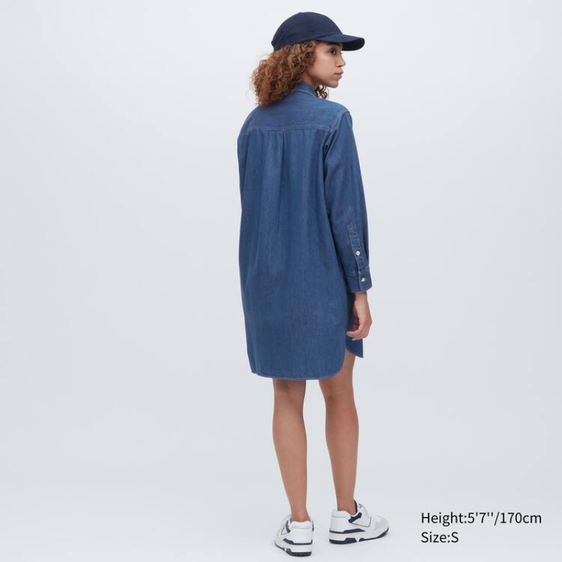 Vestido Uniqlo Denim Long Sleeved Mujer Azules | 6325QLIJZ