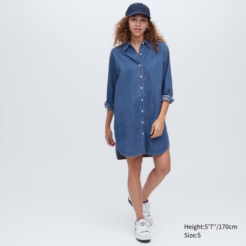 Vestido Uniqlo Denim Long Sleeved Mujer Azules | 6325QLIJZ