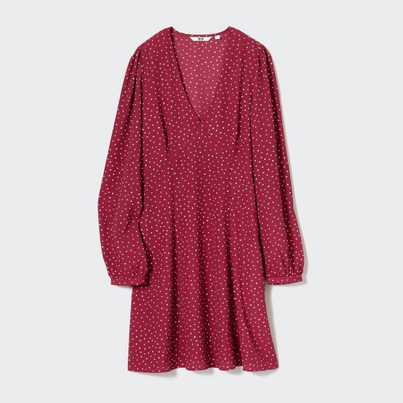 Vestido Uniqlo Dotted V Neck Long Sleeved Mini Mujer Rojas | 7549BOPWH