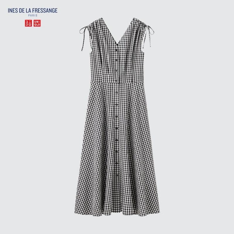 Vestido Uniqlo Ines De La Fressange Algodon V Neck Sin Manga Mujer Blancas Negras | 2317IOBFE