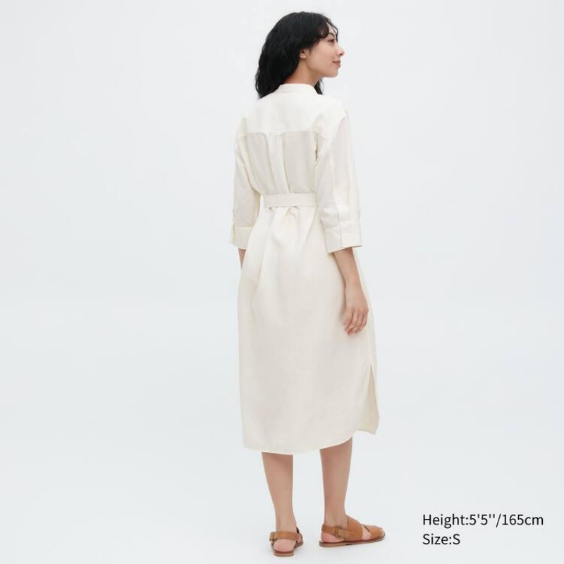 Vestido Uniqlo Linen Blend 3/4 Sleeved Mujer Blancas | 0824FOQRJ