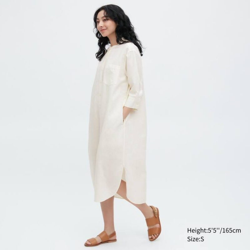 Vestido Uniqlo Linen Blend 3/4 Sleeved Mujer Blancas | 0824FOQRJ