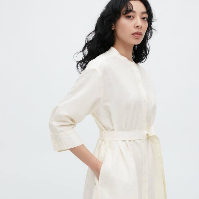 Vestido Uniqlo Linen Blend 3/4 Sleeved Mujer Blancas | 0824FOQRJ