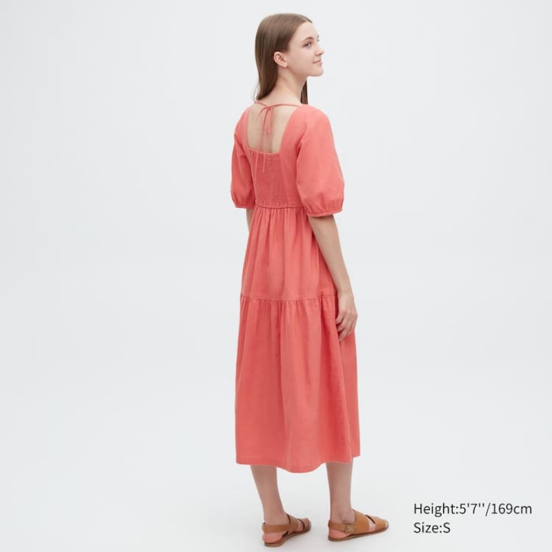 Vestido Uniqlo Linen Blend Shirring Volume Sleeved Mujer Rosas | 2604YRXPV