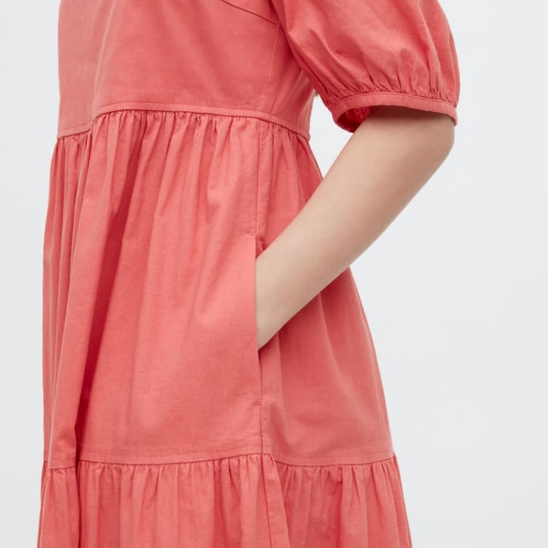 Vestido Uniqlo Linen Blend Shirring Volume Sleeved Mujer Rosas | 2604YRXPV