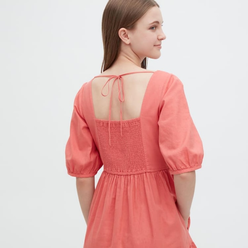 Vestido Uniqlo Linen Blend Shirring Volume Sleeved Mujer Rosas | 2604YRXPV