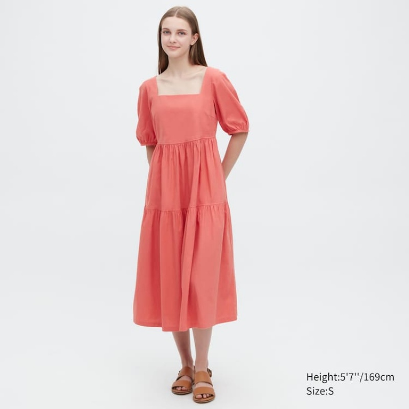 Vestido Uniqlo Linen Blend Shirring Volume Sleeved Mujer Rosas | 2604YRXPV