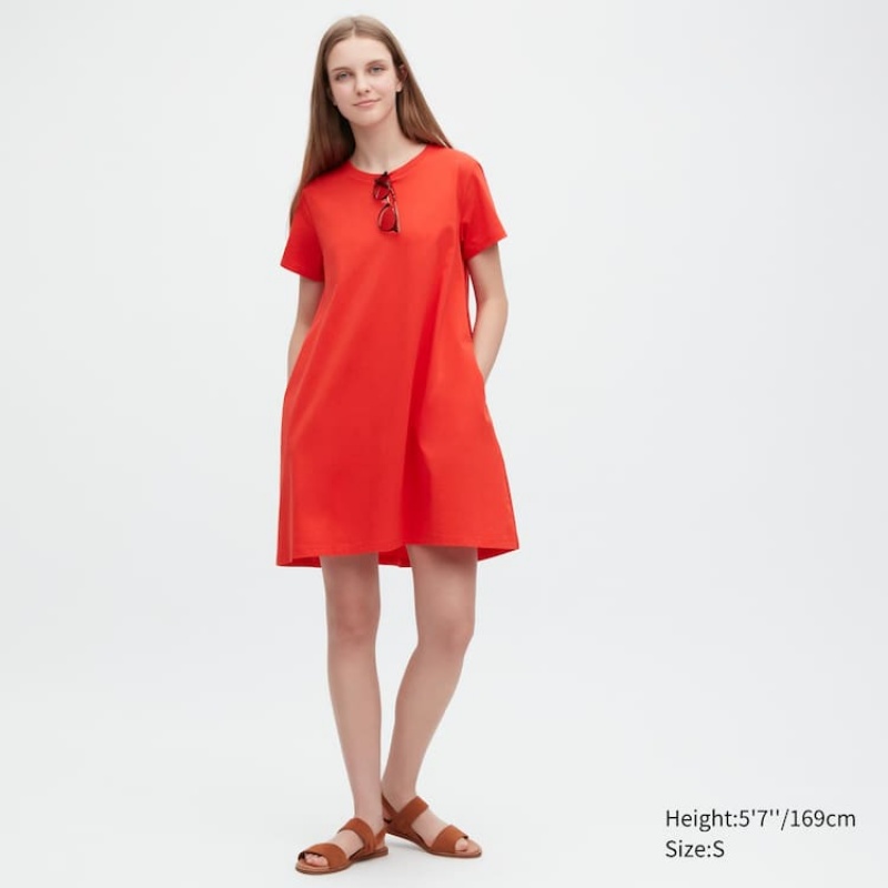 Vestido Uniqlo Mercerised Algodon Corta Sleeved Mini Mujer Rojas | 5802LVYSC