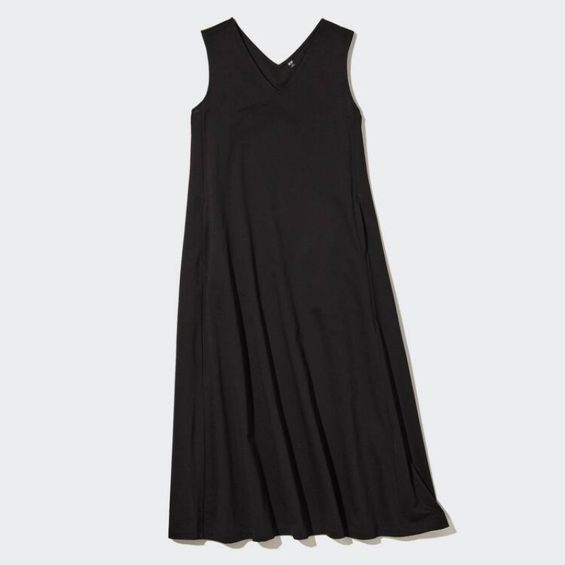 Vestido Uniqlo Mercerised Algodon V Neck A-line Sin Manga Mujer Negras | 8752MYLBC