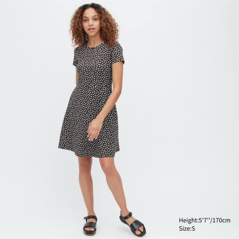 Vestido Uniqlo Printed Corta Sleeved Flared Mujer Negras | 8029IMDUR