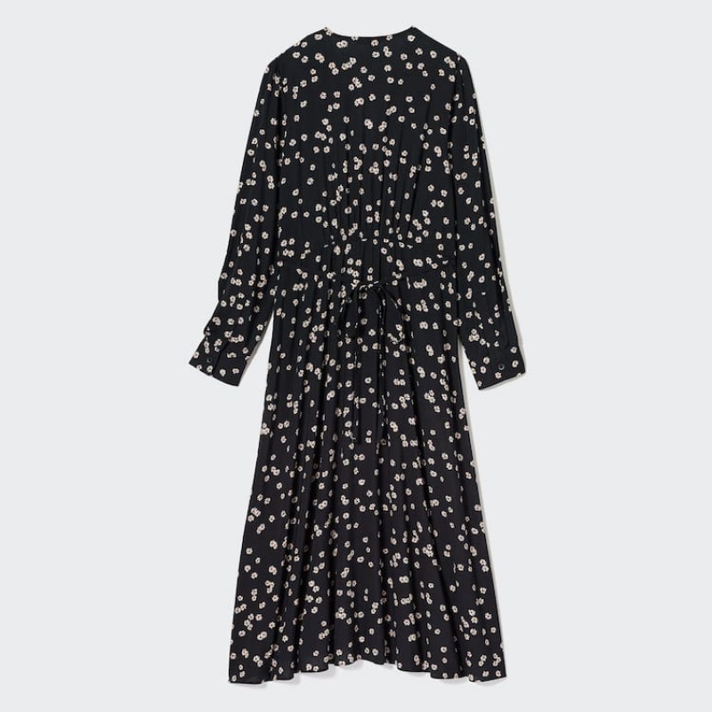 Vestido Uniqlo Printed V Neck Flared Long Sleeved Mujer Negras | 5063GUSZF