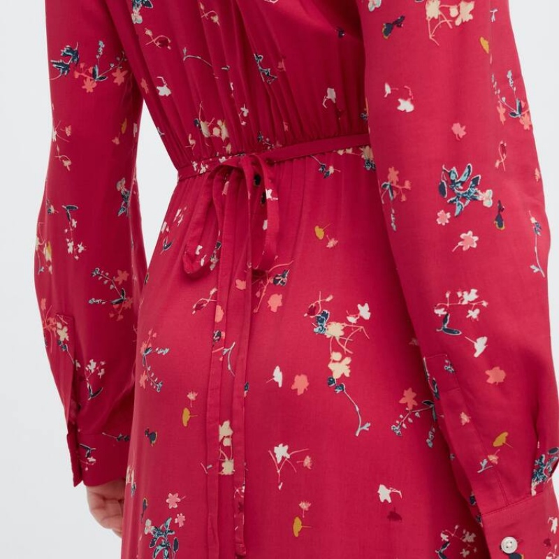 Vestido Uniqlo Printed V Neck Flared Long Sleeved Mujer Rojas | 9260WNJPY