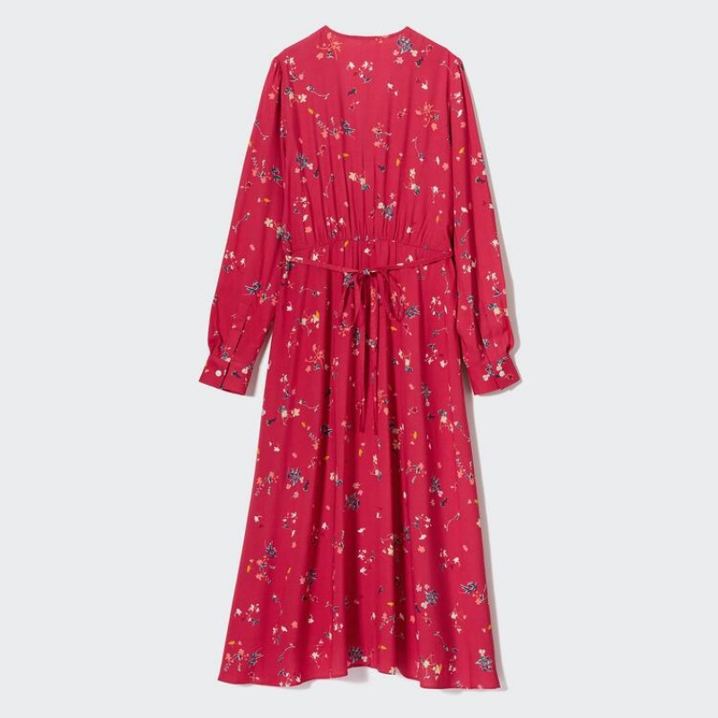 Vestido Uniqlo Printed V Neck Flared Long Sleeved Mujer Rojas | 9260WNJPY