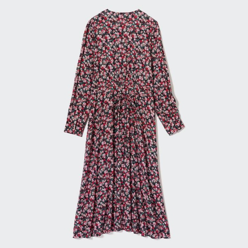 Vestido Uniqlo Printed V Neck Flared Long Sleeved Mujer Rosas | 9672FHECJ