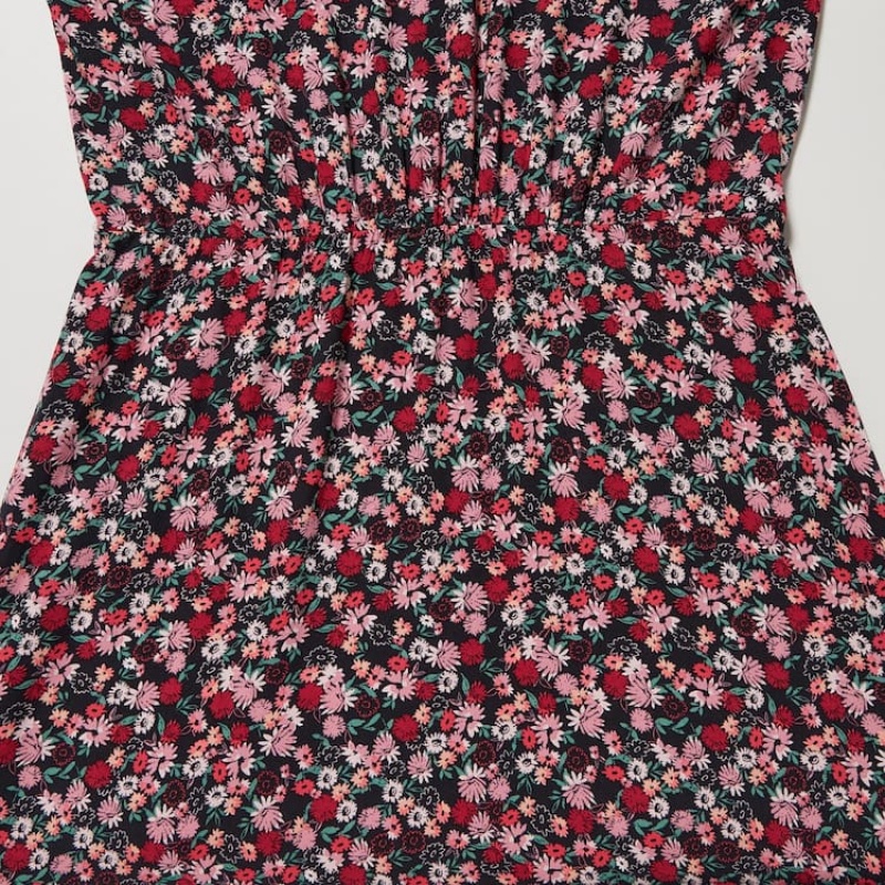 Vestido Uniqlo Printed V Neck Flared Long Sleeved Mujer Rosas | 9672FHECJ