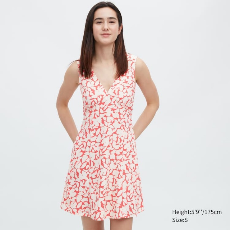 Vestido Uniqlo Printed V Neck Sin Manga Mini Mujer Rojas | 9145RKGPF