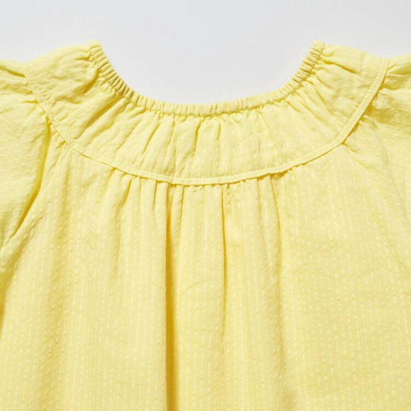 Vestido Uniqlo Seersucker Gathered Corta Sleeved Niños Amarillo | 7563LUJME