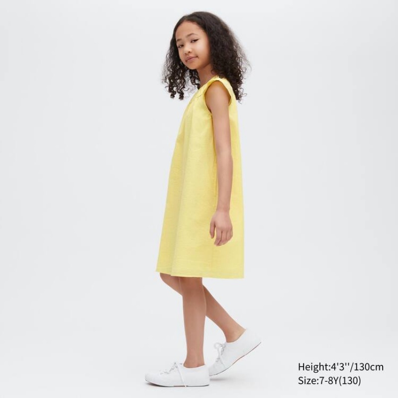 Vestido Uniqlo Seersucker Gathered Corta Sleeved Niños Amarillo | 7563LUJME