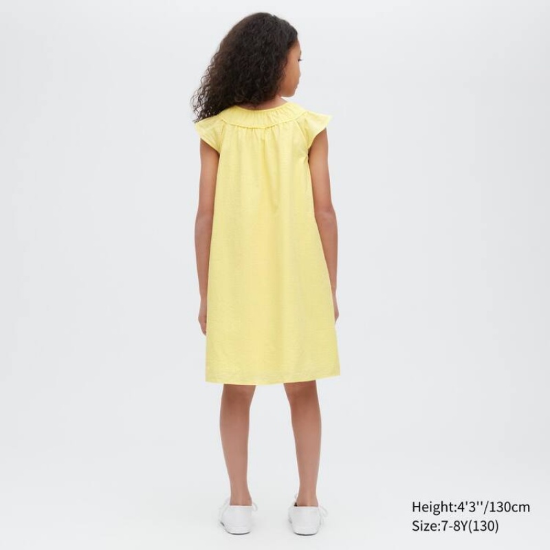 Vestido Uniqlo Seersucker Gathered Corta Sleeved Niños Amarillo | 7563LUJME