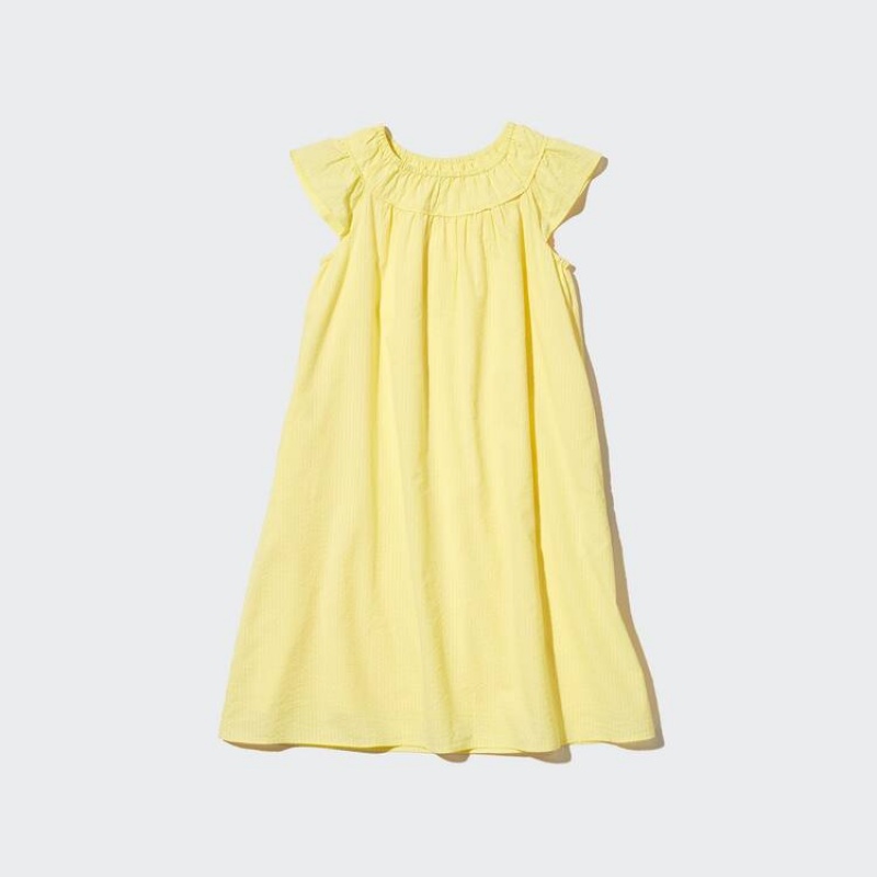 Vestido Uniqlo Seersucker Gathered Corta Sleeved Niños Amarillo | 7563LUJME