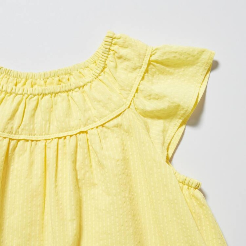 Vestido Uniqlo Seersucker Gathered Corta Sleeved Niños Amarillo | 7563LUJME