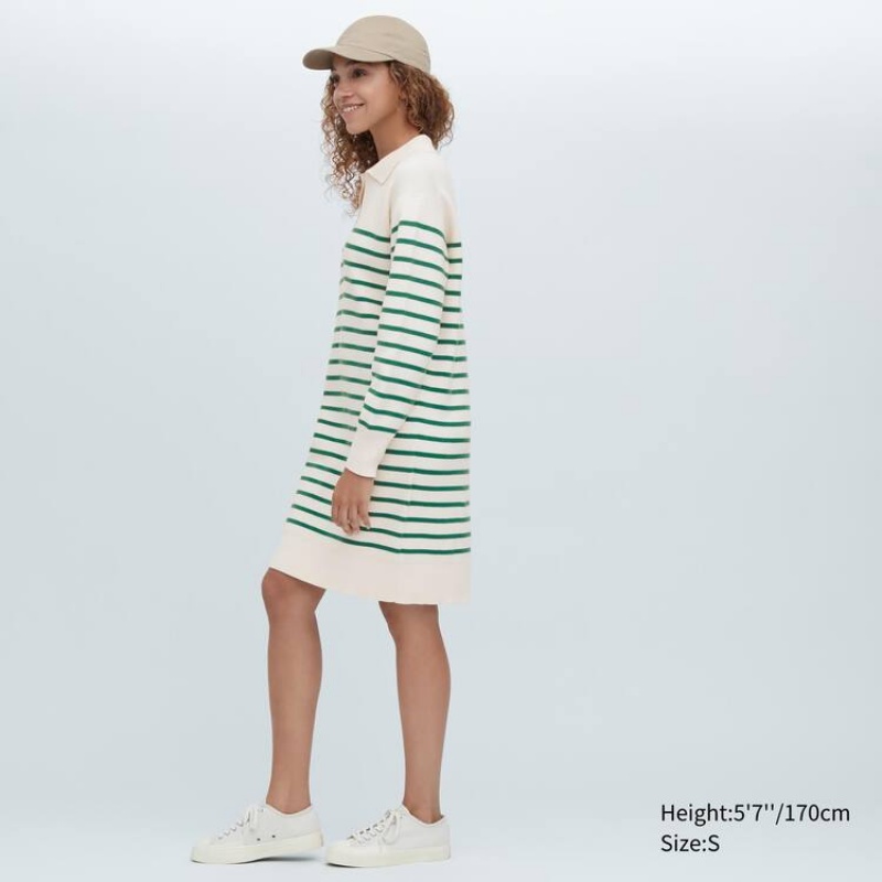 Vestido Uniqlo Smooth Algodon Knit A Rayas Long Sleeved Mujer Blancas Verde | 5281SEBKO