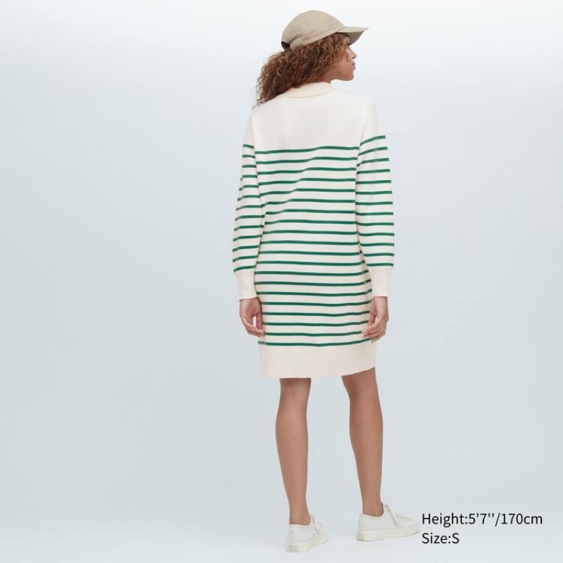 Vestido Uniqlo Smooth Algodon Knit A Rayas Long Sleeved Mujer Blancas Verde | 5281SEBKO