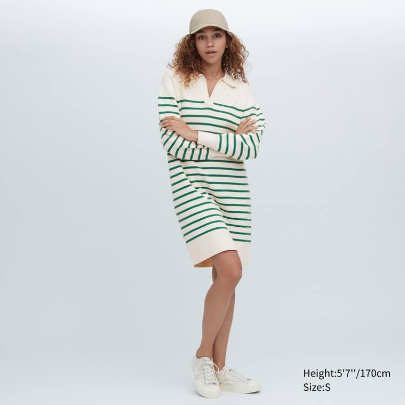 Vestido Uniqlo Smooth Algodon Knit A Rayas Long Sleeved Mujer Blancas Verde | 5281SEBKO