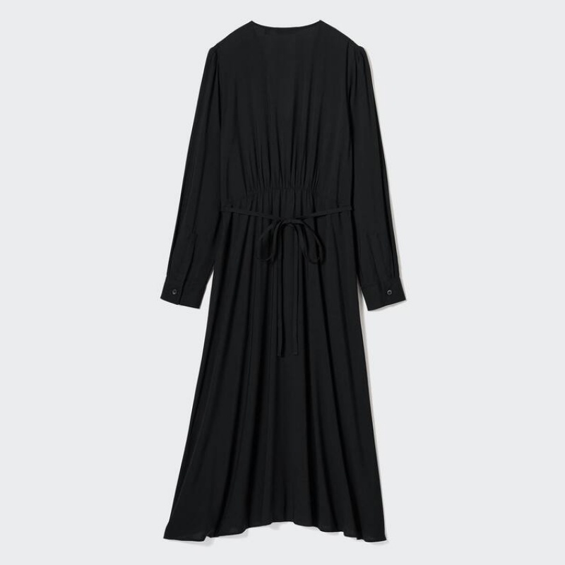 Vestido Uniqlo V Neck Flared Long Sleeved Mujer Negras | 7503LXIGR