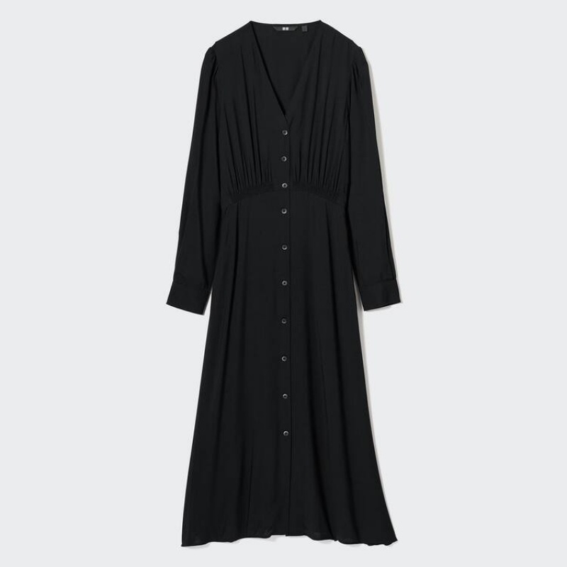 Vestido Uniqlo V Neck Flared Long Sleeved Mujer Negras | 7503LXIGR