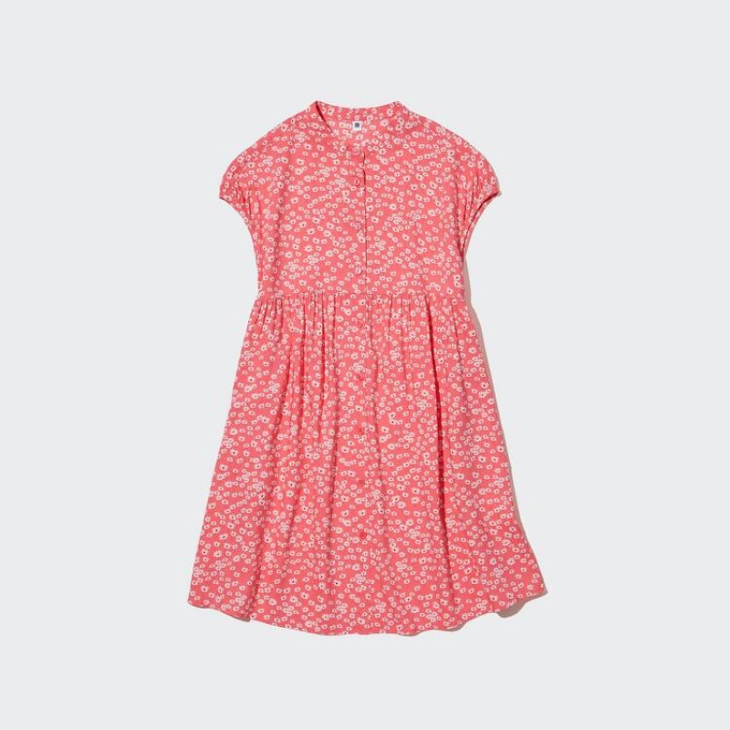 Vestido Uniqlo Viscose Flower Printed Corta Sleeved Niños Rosas | 9371YGPQM