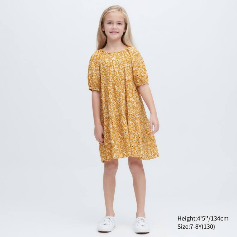 Vestido Uniqlo Viscose Flower Printed Corta Sleeved Niños Amarillo | 0926TCYIX