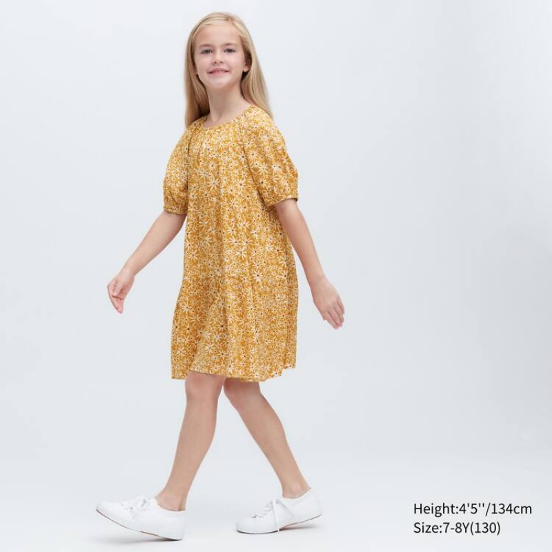 Vestido Uniqlo Viscose Flower Printed Corta Sleeved Niños Amarillo | 0926TCYIX